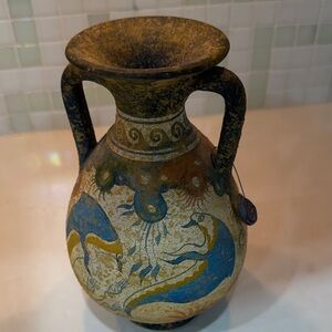 Grecian Vintage Ceramic Vase with Blue and Brown Design